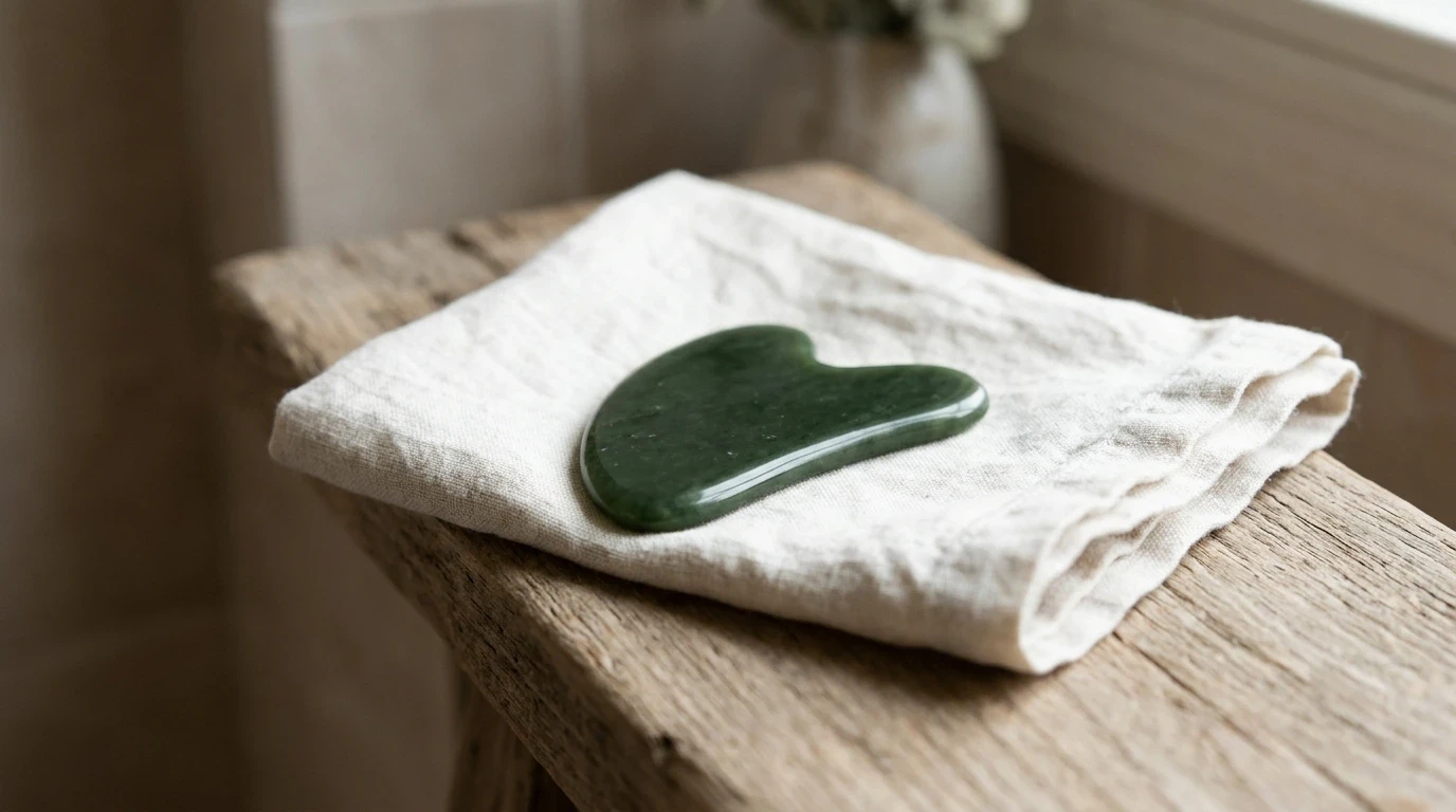 Green jade facial massage stone resting on a textured white linen napkin on a wooden counter.