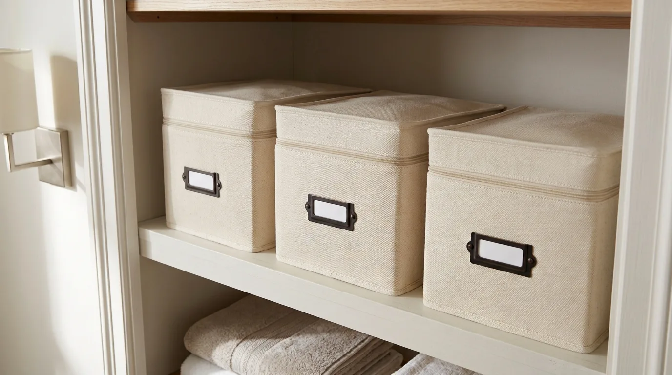 Cream canvas storage bins with metal label holders sitting on an upper closet shelf