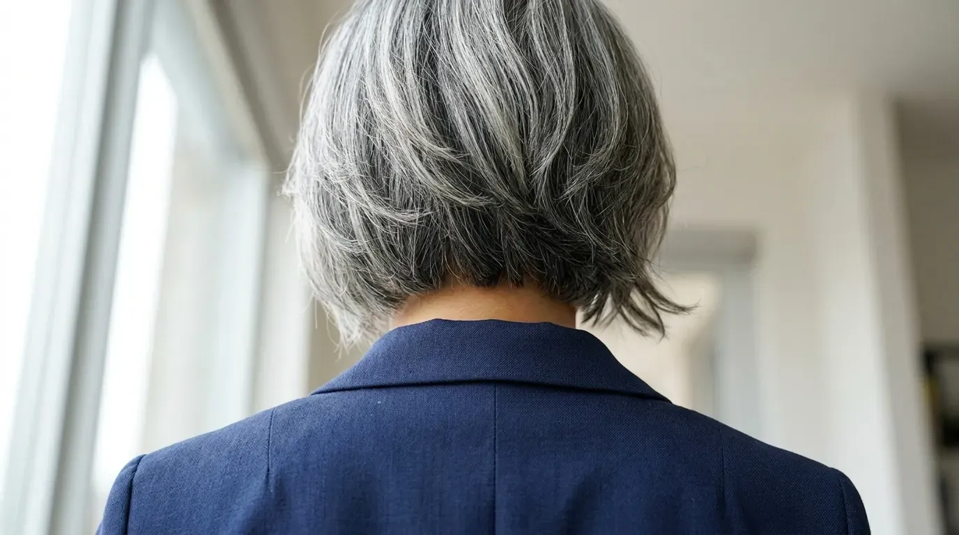 Layered shoulder length salt and pepper hair cut with volume and clean ends.