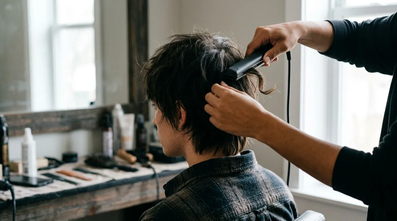 Alternating curl directions on a layered shag haircut with a flat iron.