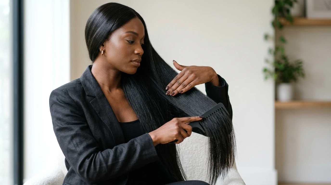 Woman with dark skin combing through the ends of a bone-straight 40-inch black frontal wig