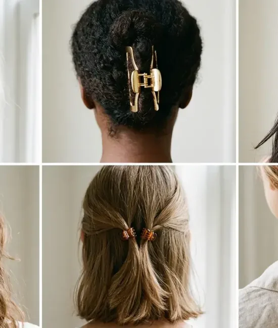 Six panel collage showing different claw clip hairstyles for long hair across multiple densities and textures.