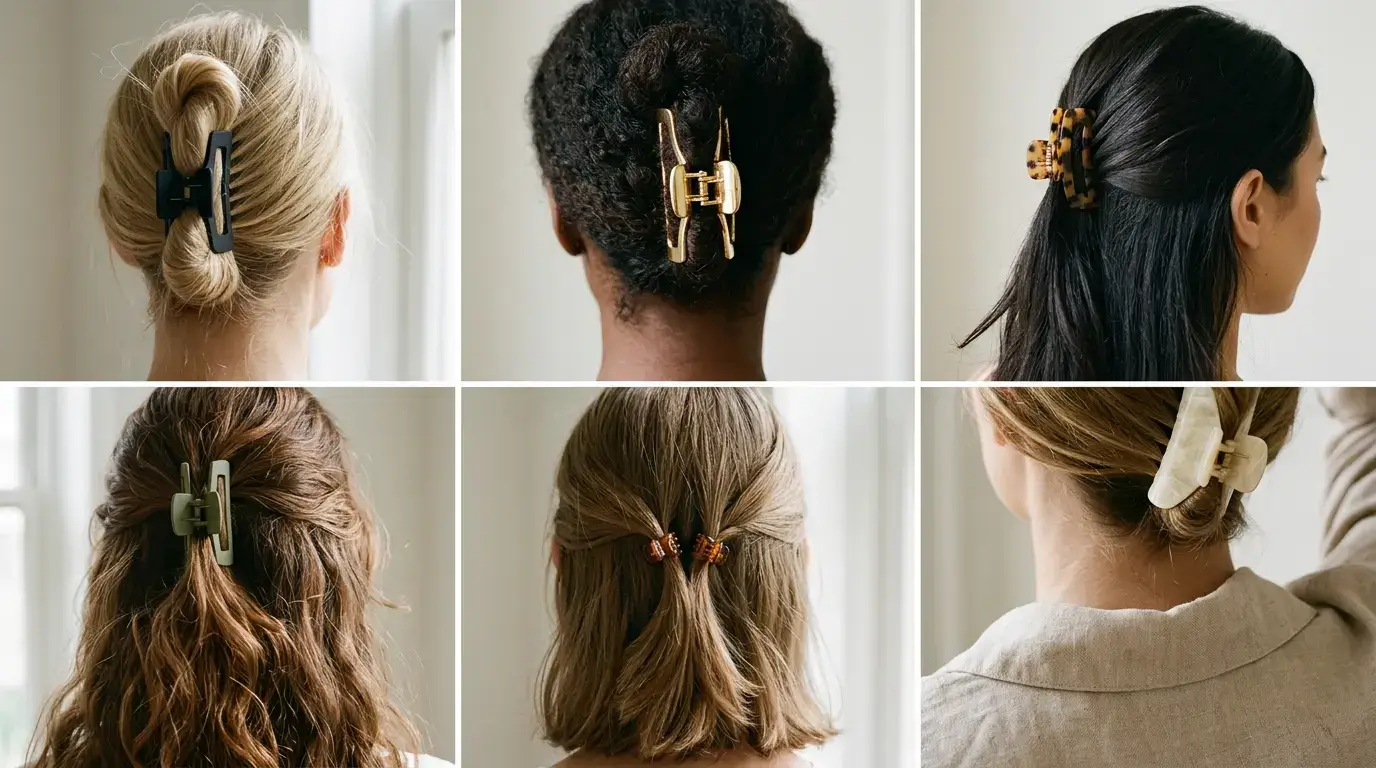 Six panel collage showing different claw clip hairstyles for long hair across multiple densities and textures.
