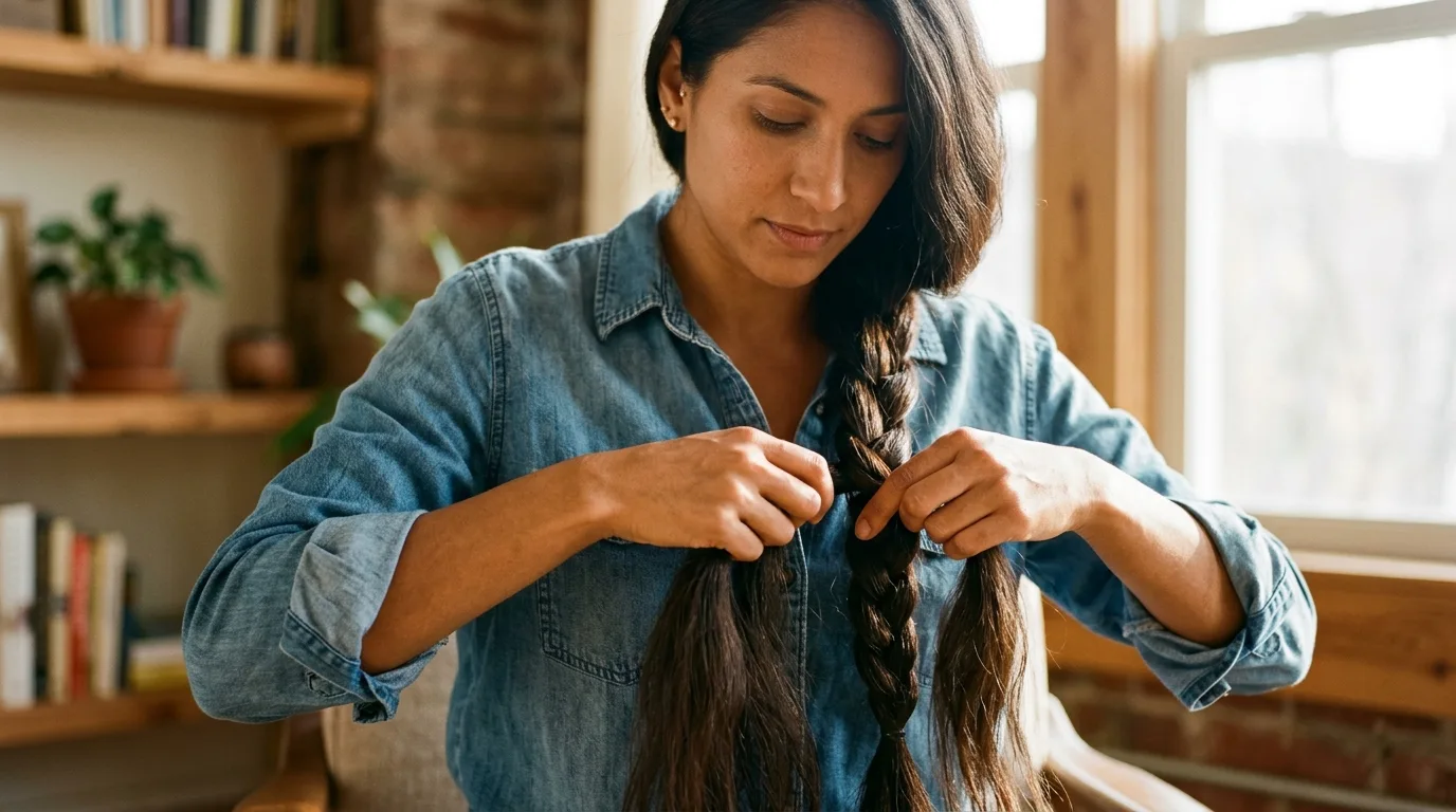 Long waist-length hair pulled over the shoulder and woven into a forward side plait