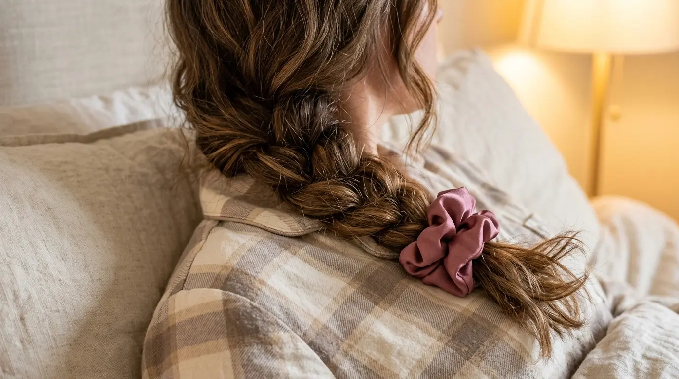 Loose relaxing hair plait tied with a mulberry silk scrunchie for sleeping