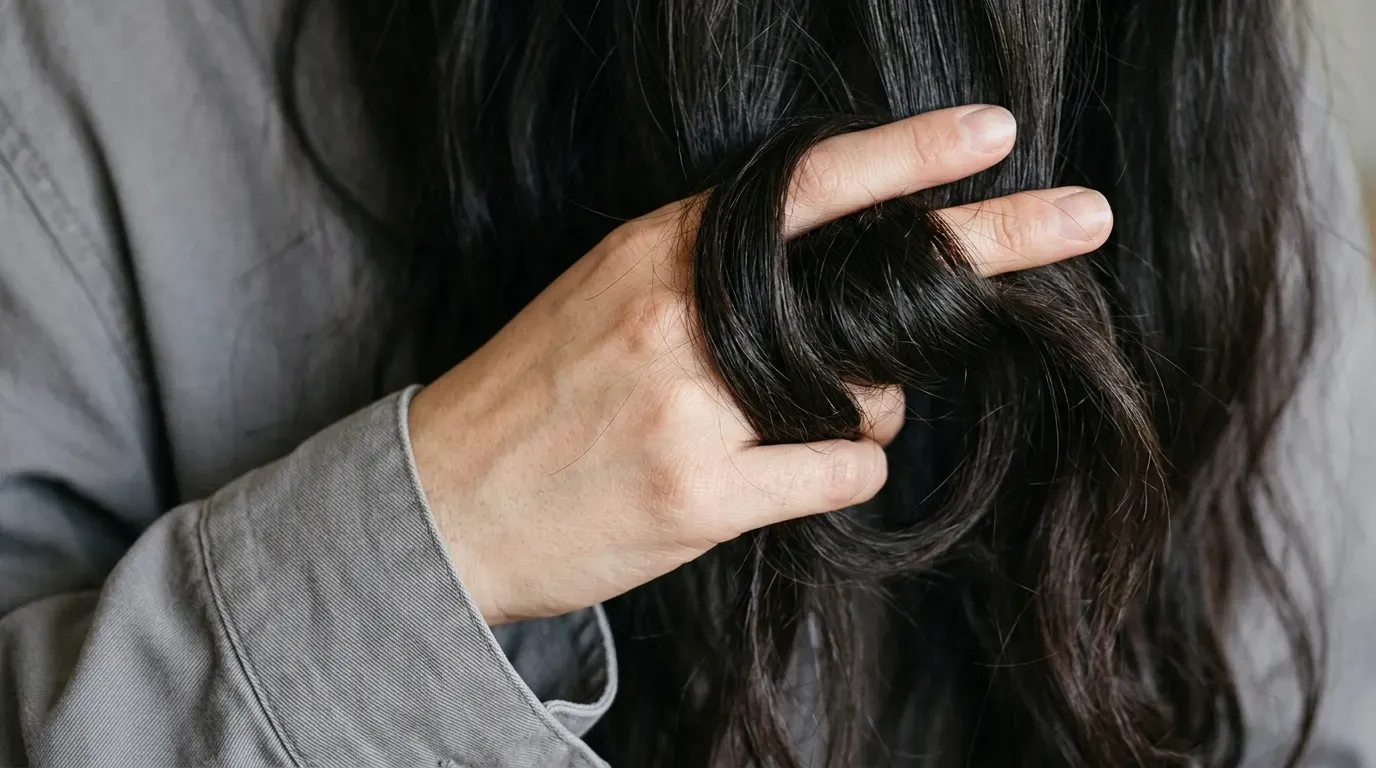 Folding hair loosely over fingers to create an airy pocket of volume for a casual knot.