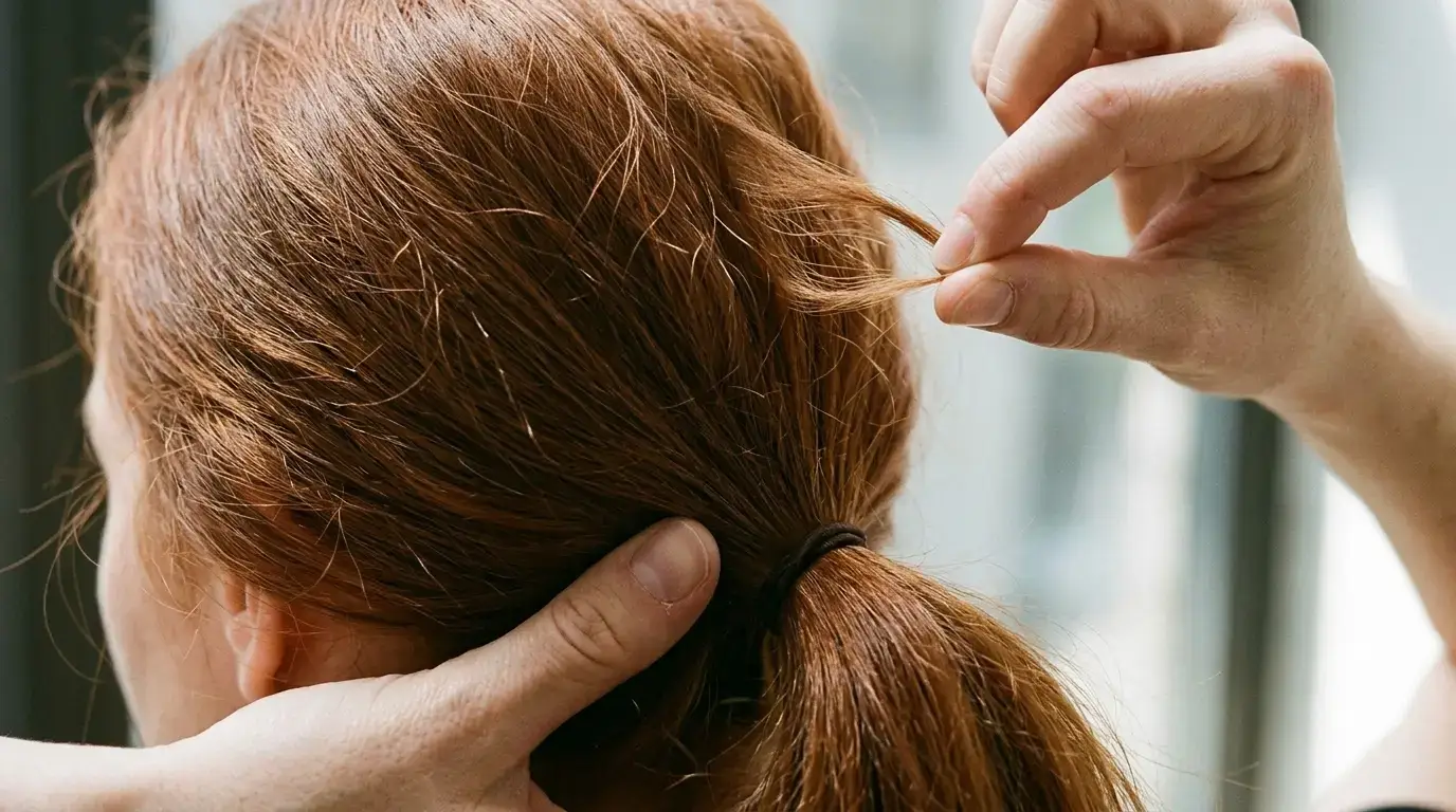 Pinching fine strands at the crown to add volume without loosening the ponytail elastic.
