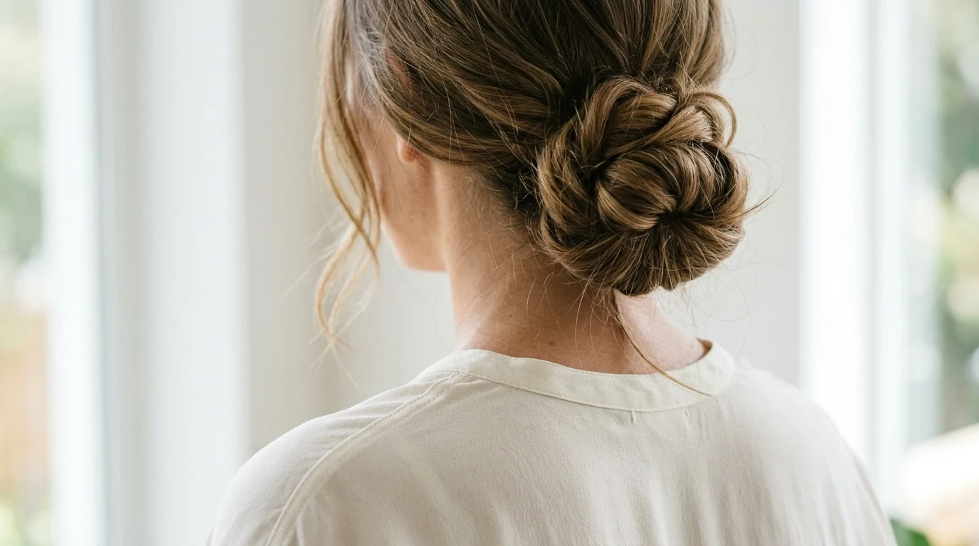 Finished low messy bun showing dimensional hair loops tucked ends and natural texture.
