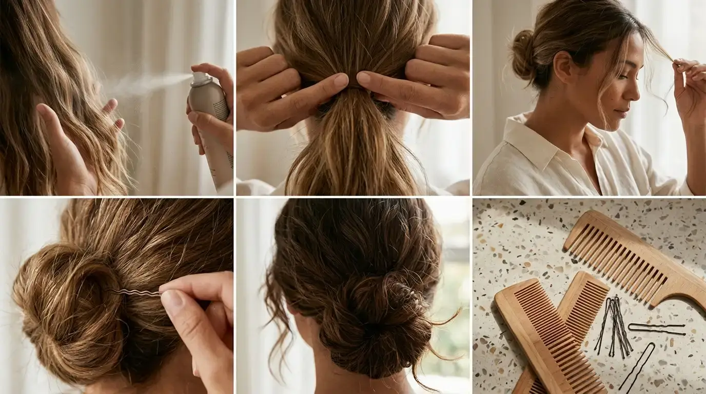 Six-panel guide demonstrating low messy bun preparation pin placement and styling techniques.