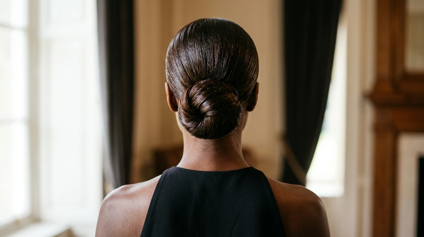 Back view of an architectural low sculpted chignon on deep brown skin