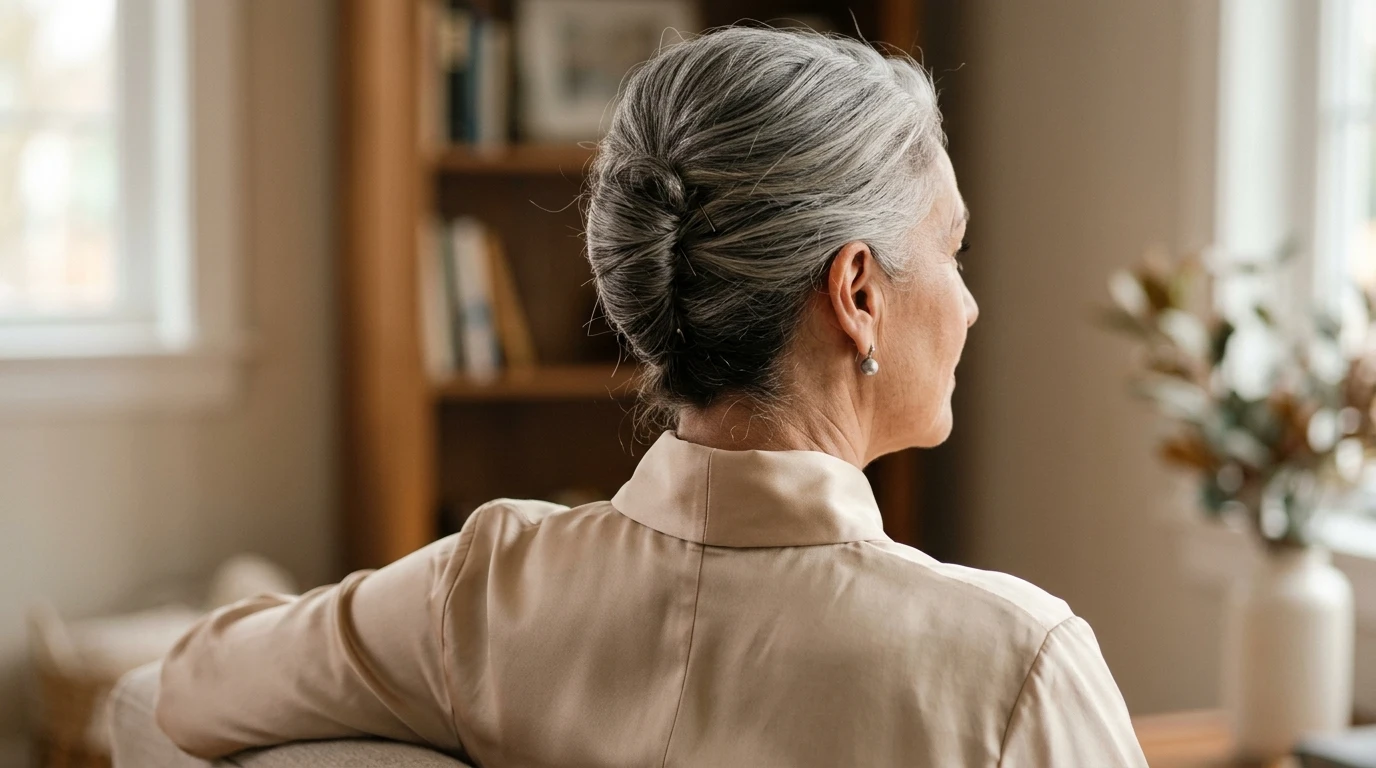 Classic French twist roll on mature salt-and-pepper natural hair