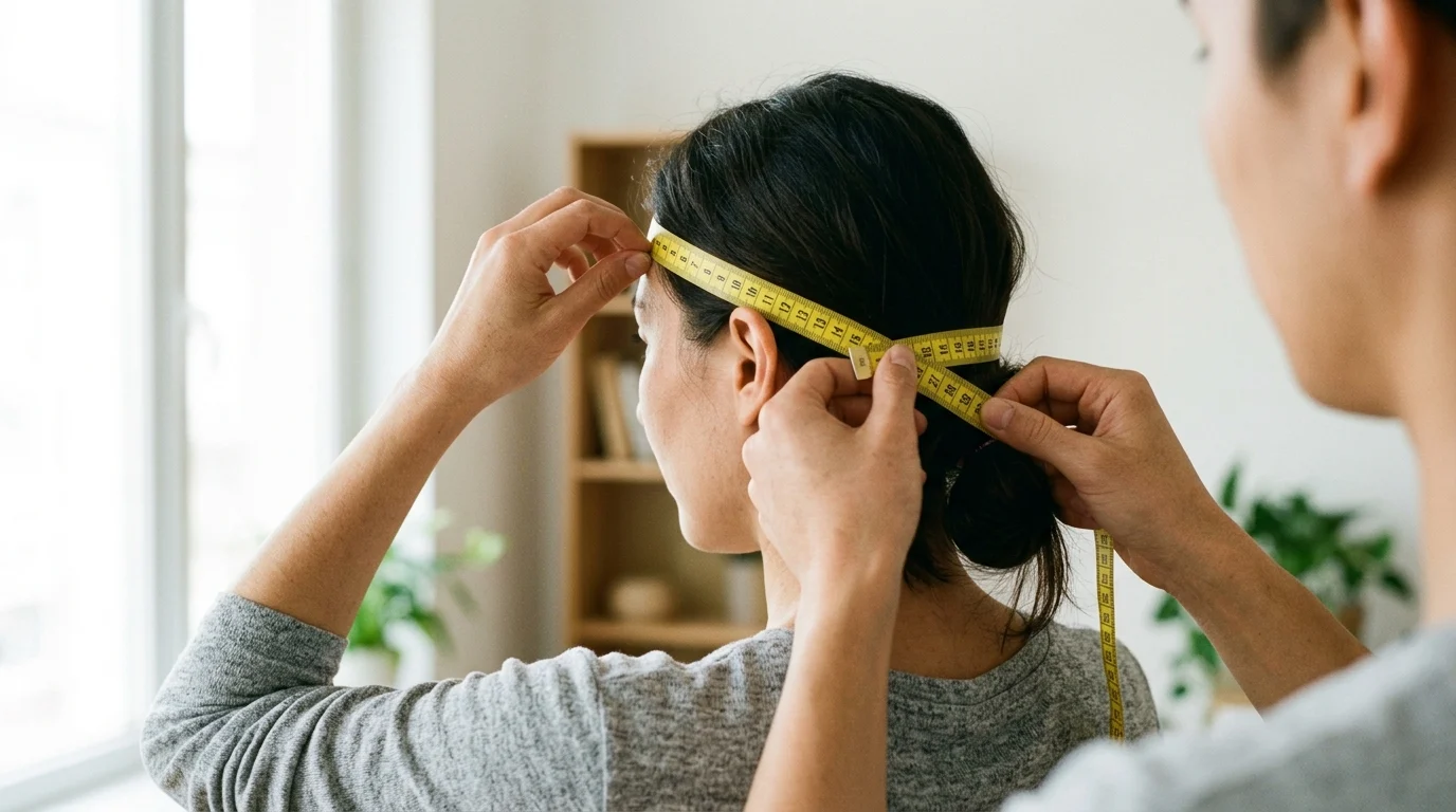 Using a soft tailoring tape measure around the head circumference for accurate wig cap sizing