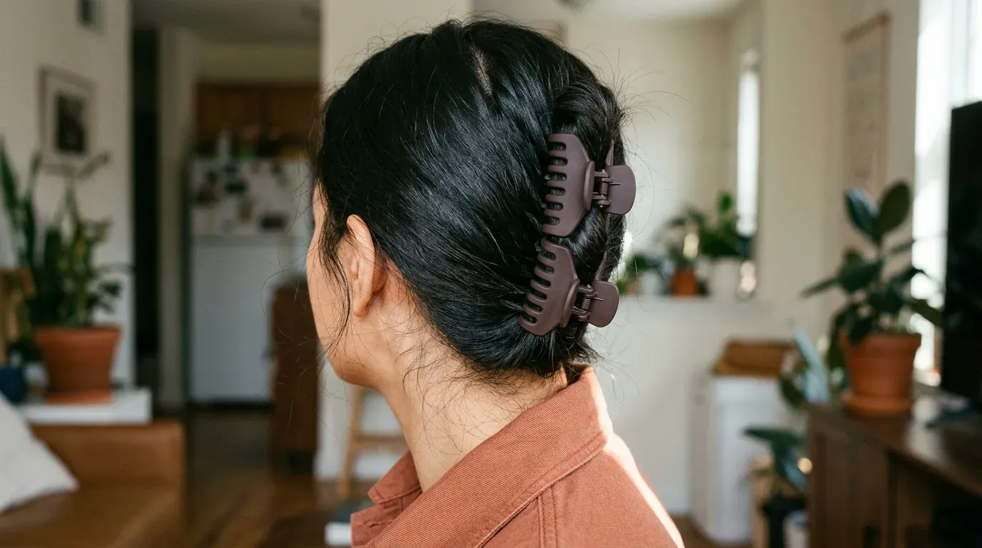 Shoulder-length dark hair secured along the back of the head using two stacked small brown claw clips.