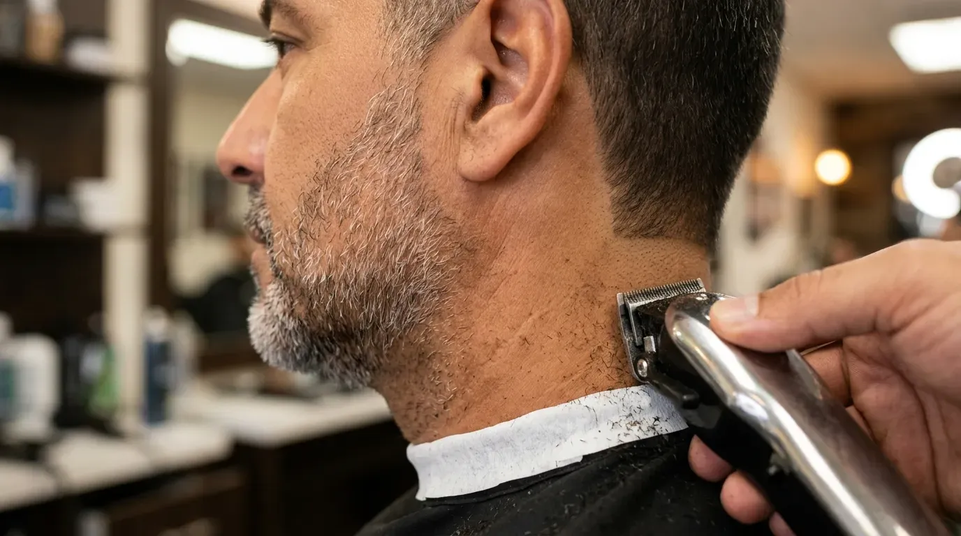 A clean razor trimmed neckline on a man with salt and pepper hair.
