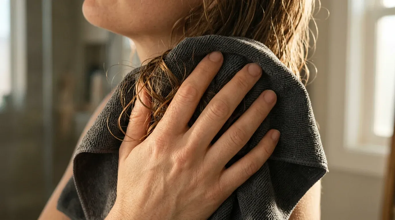 Dark grey microfiber towel gently squeezing wet hair to remove water without frizz.