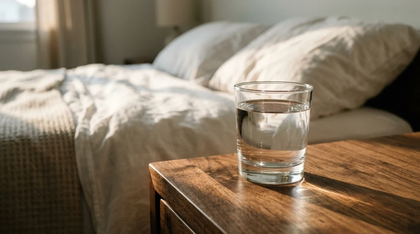 Clear glass of water on a rich walnut nightstand next to rumpled natural linen bed sheets.