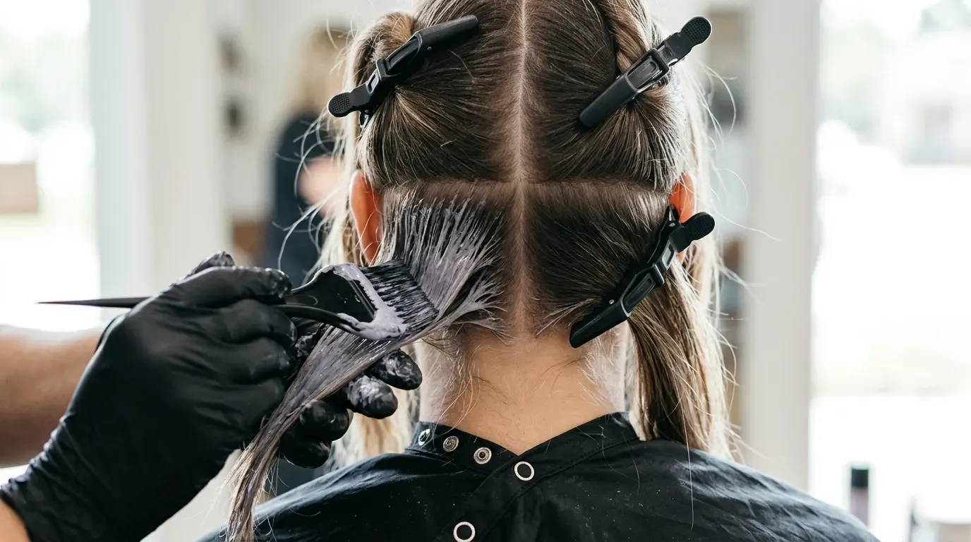 Sectioned hair prepared for applying mushroom brown hair dye with a tint brush.