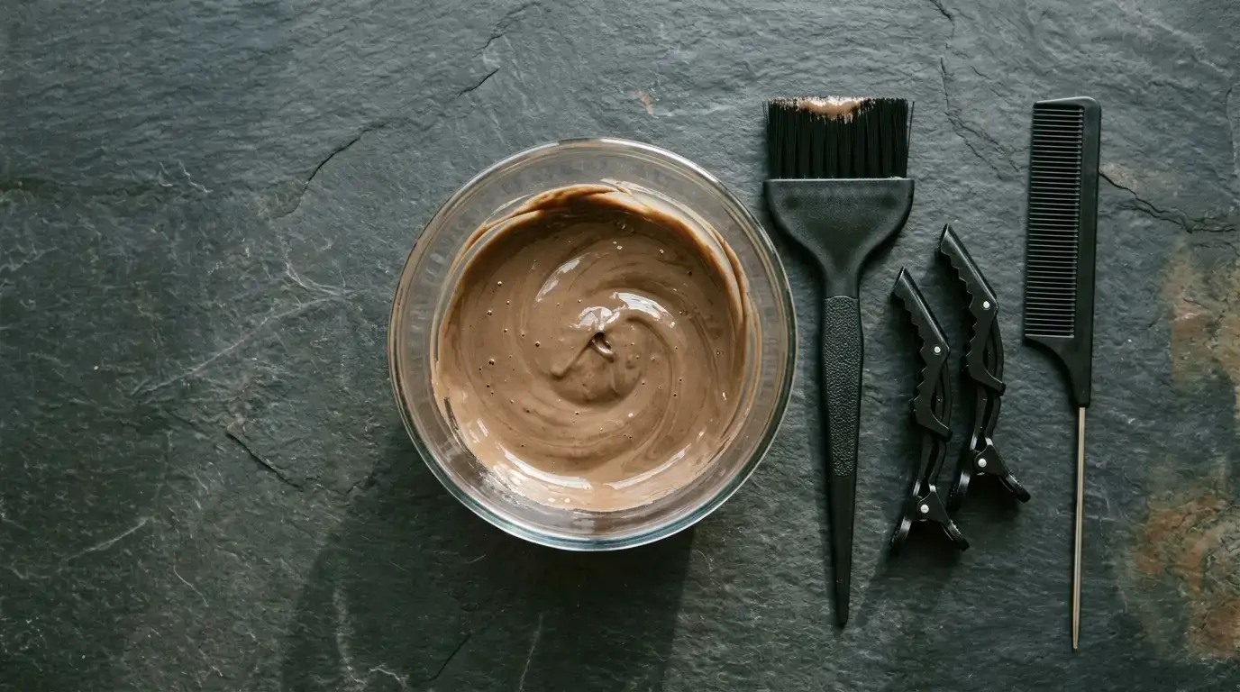 Salon tint bowl, sectioning clips, and application brush laid on a dark stone counter.