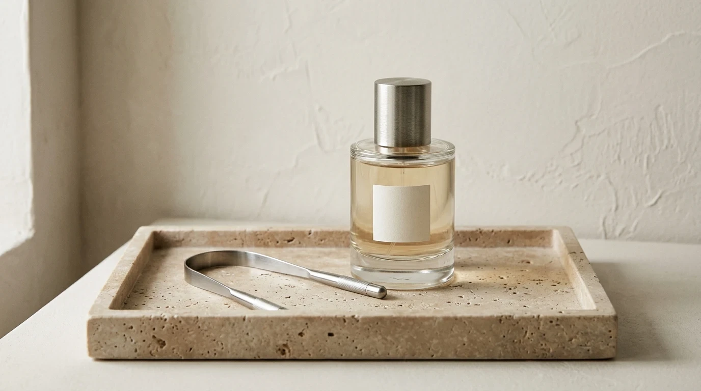 Glass fragrance bottle and steel tongue scraper resting on a modern honed travertine vanity tray.