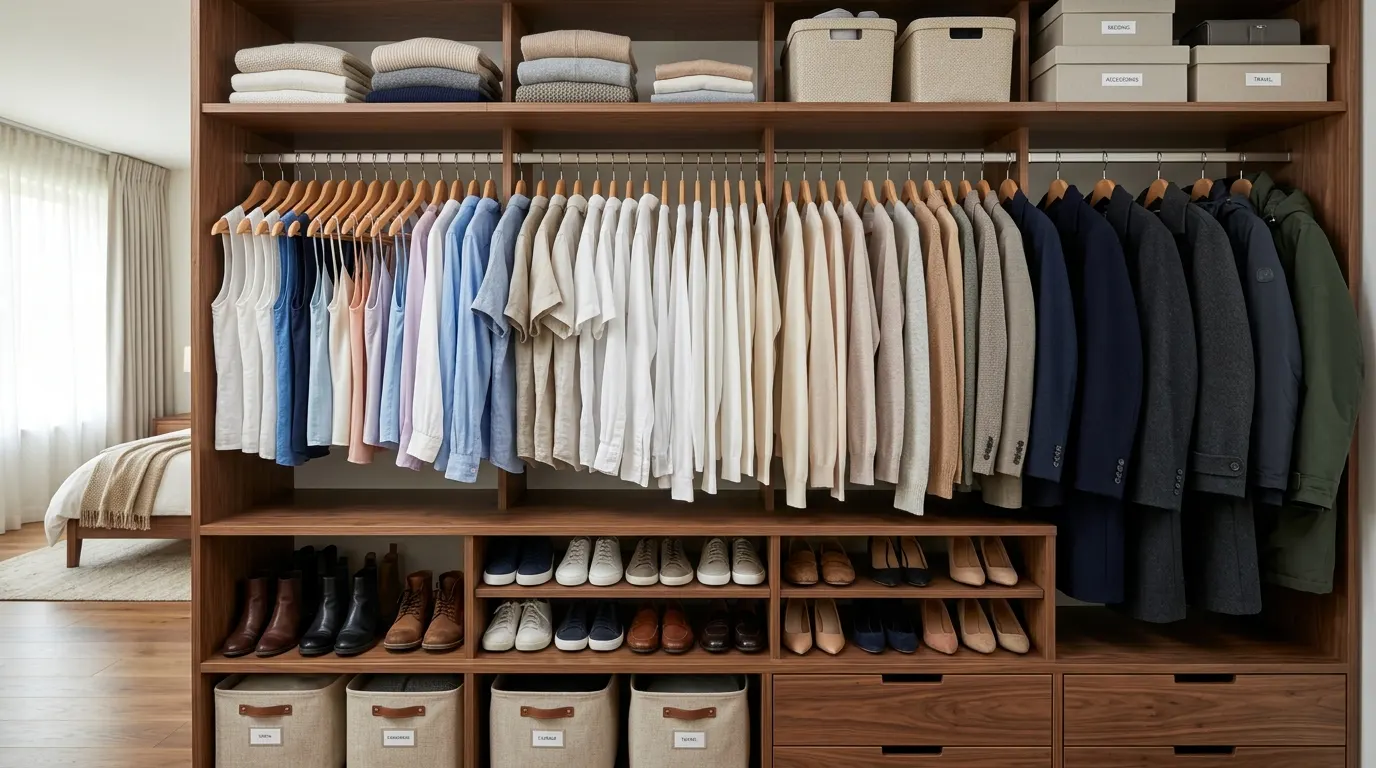 Master closet with garments arranged logically by clothing silhouette and fabric weight