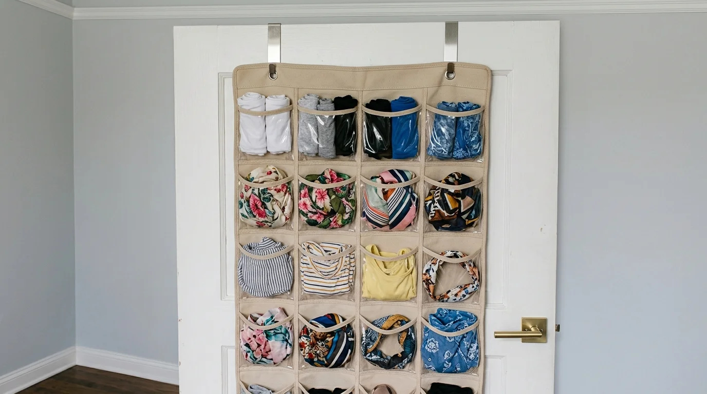 Over-the-door storage organizer with clear vinyl pockets holding rolled garments