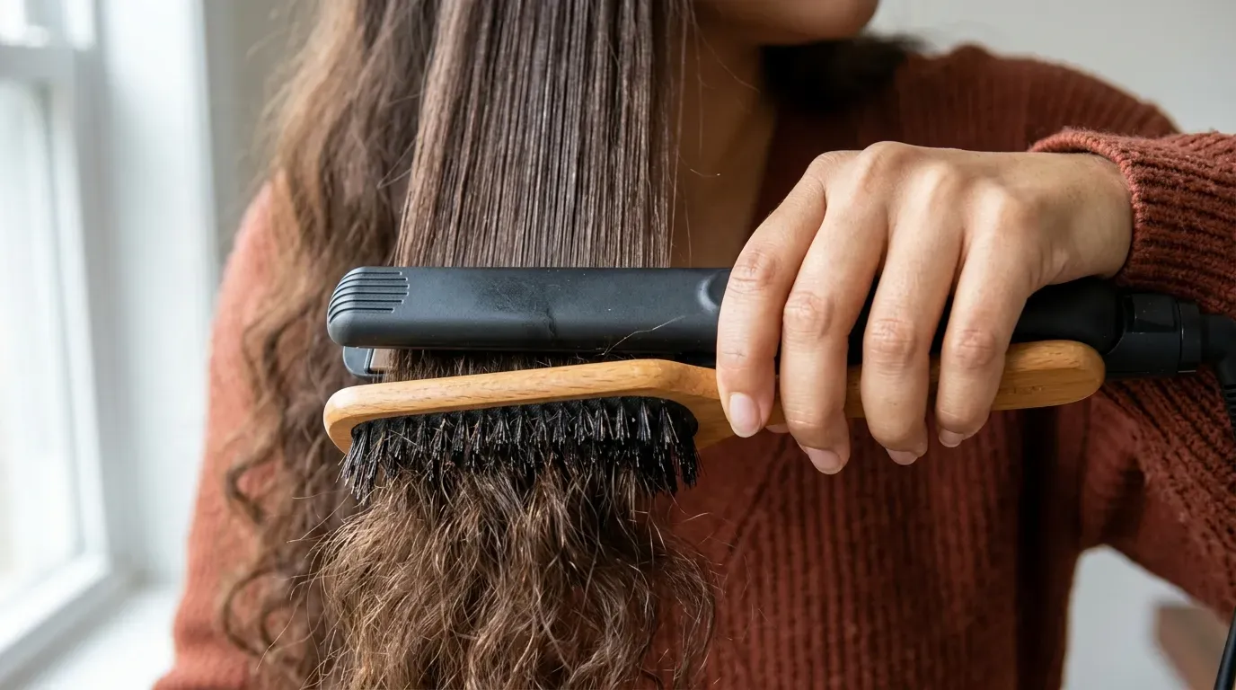 The paddle brush chase method smoothing frizzy hair before curling with an iron.