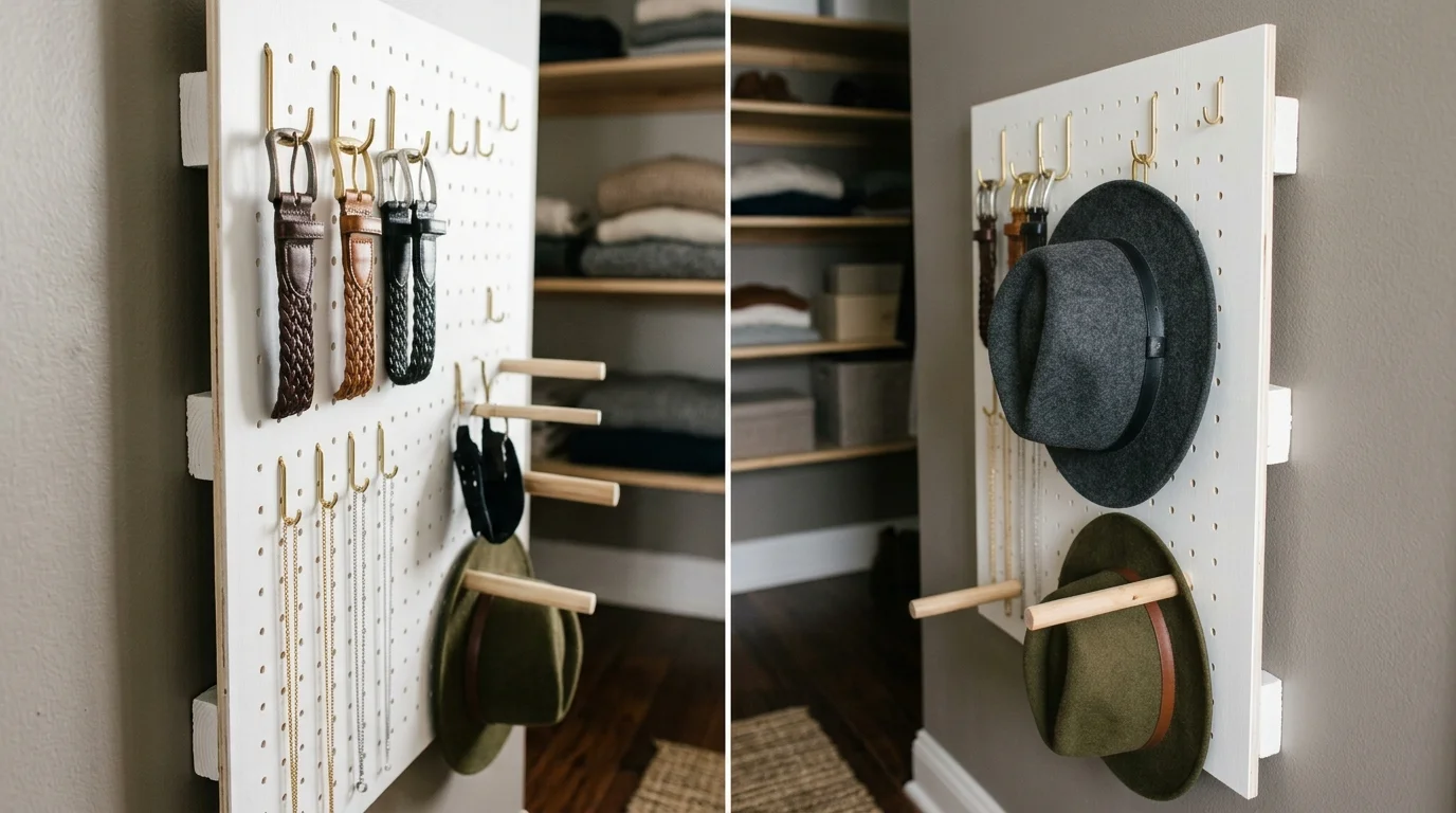 Wall-mounted white pegboard holding leather belts and hats inside a small closet
