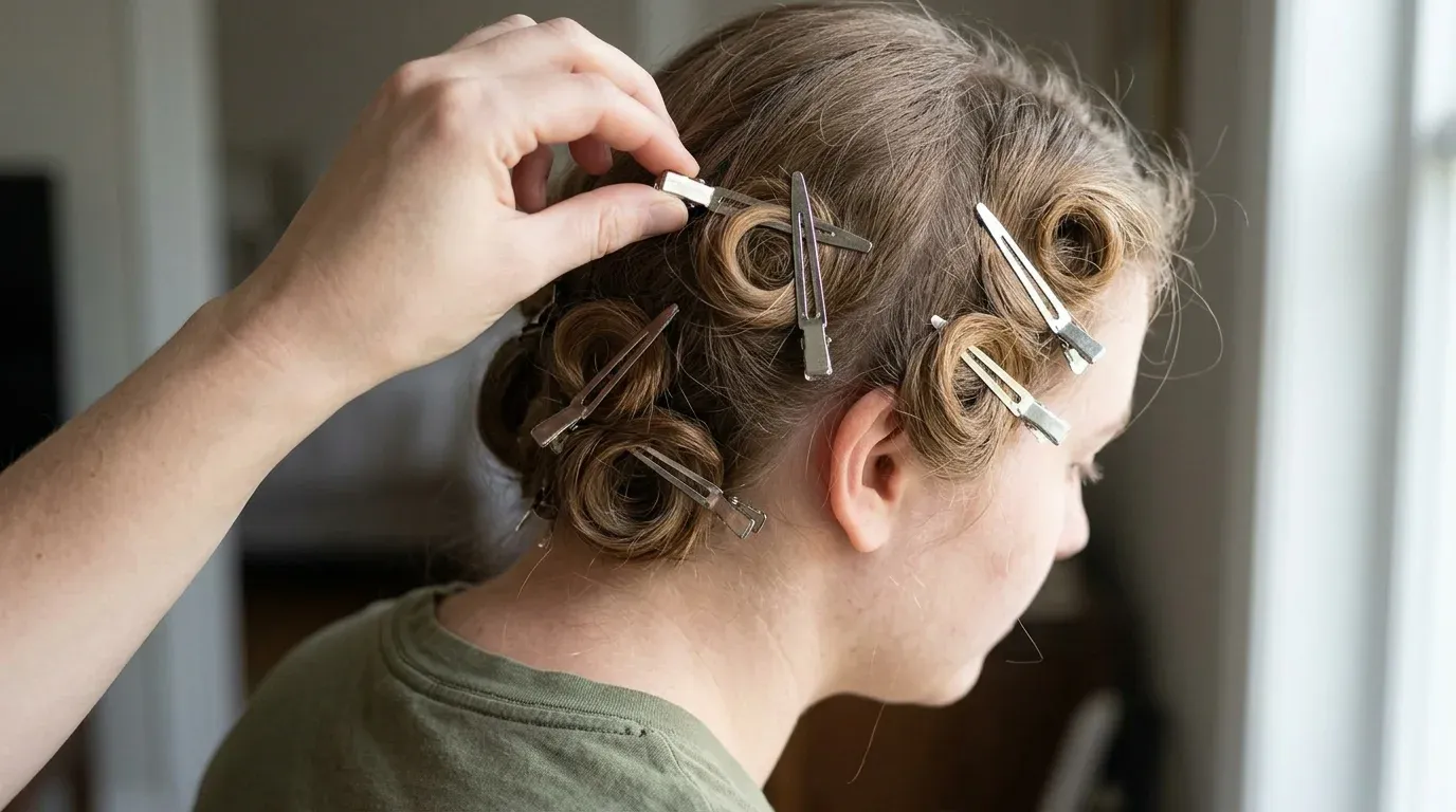 Long curls pinned to the scalp with metal clips to cool and set.