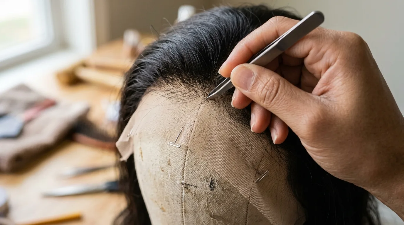 Close-up of stainless steel tweezers plucking a natural gradient along a lace frontal hairline