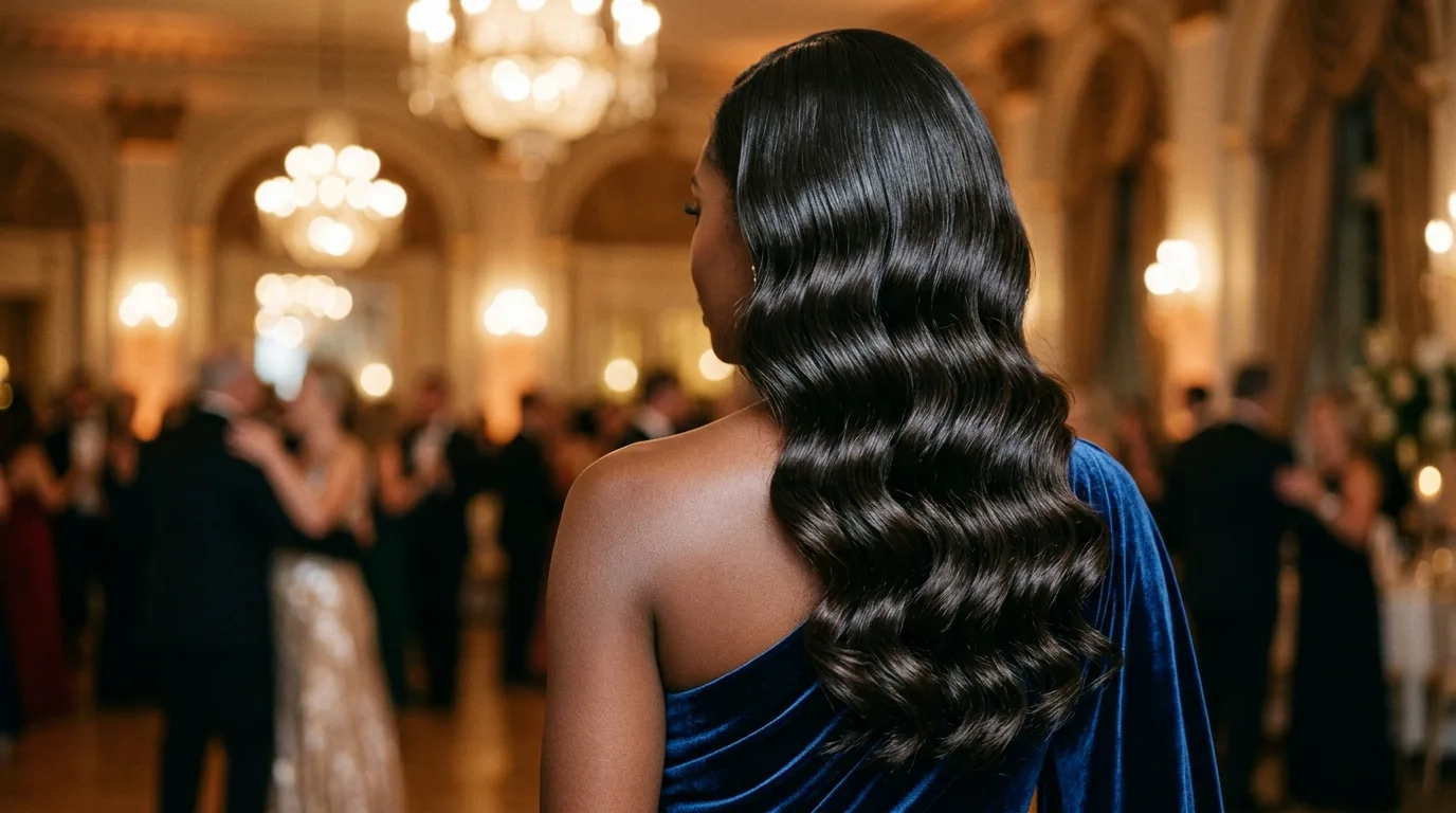 Polished Hollywood waves cascading down the back in deep glossy ripples