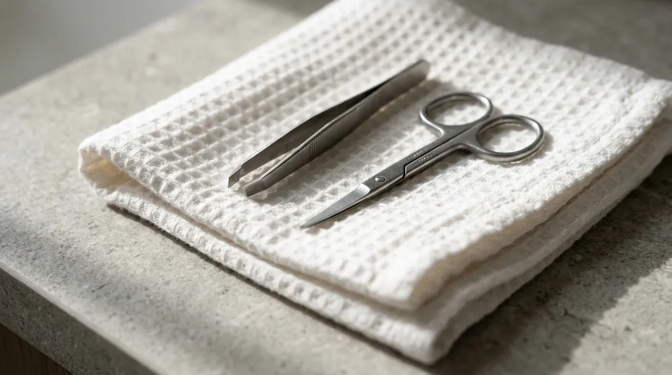 Stainless steel tweezers and grooming shears resting on a white waffle cotton towel on stone.