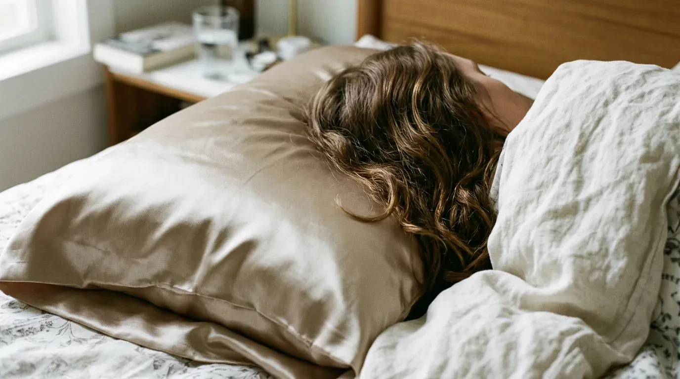 Dark wavy hair resting smoothly across a champagne silk pillowcase in morning light.