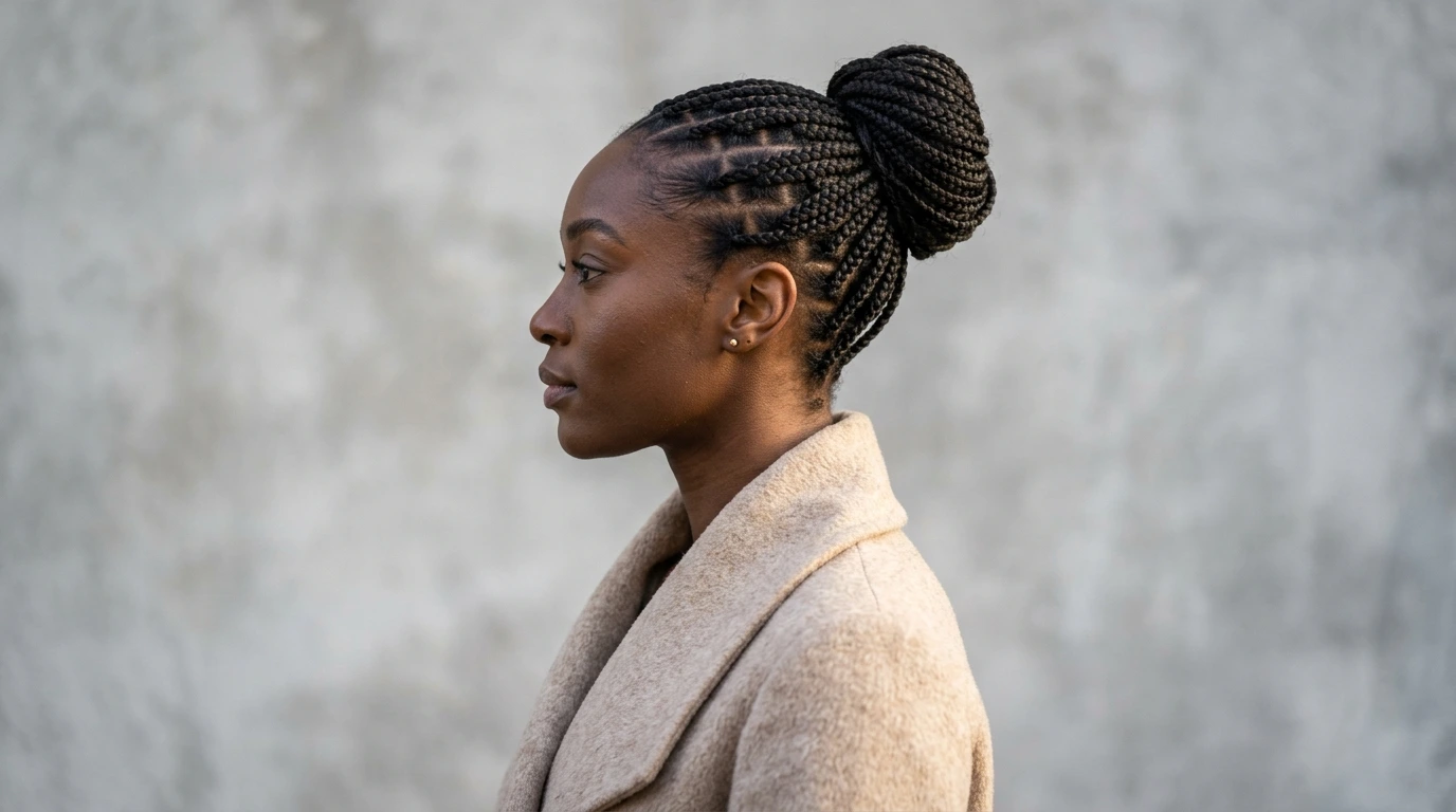 Knotless braids gathered into an architectural high bun for evening events