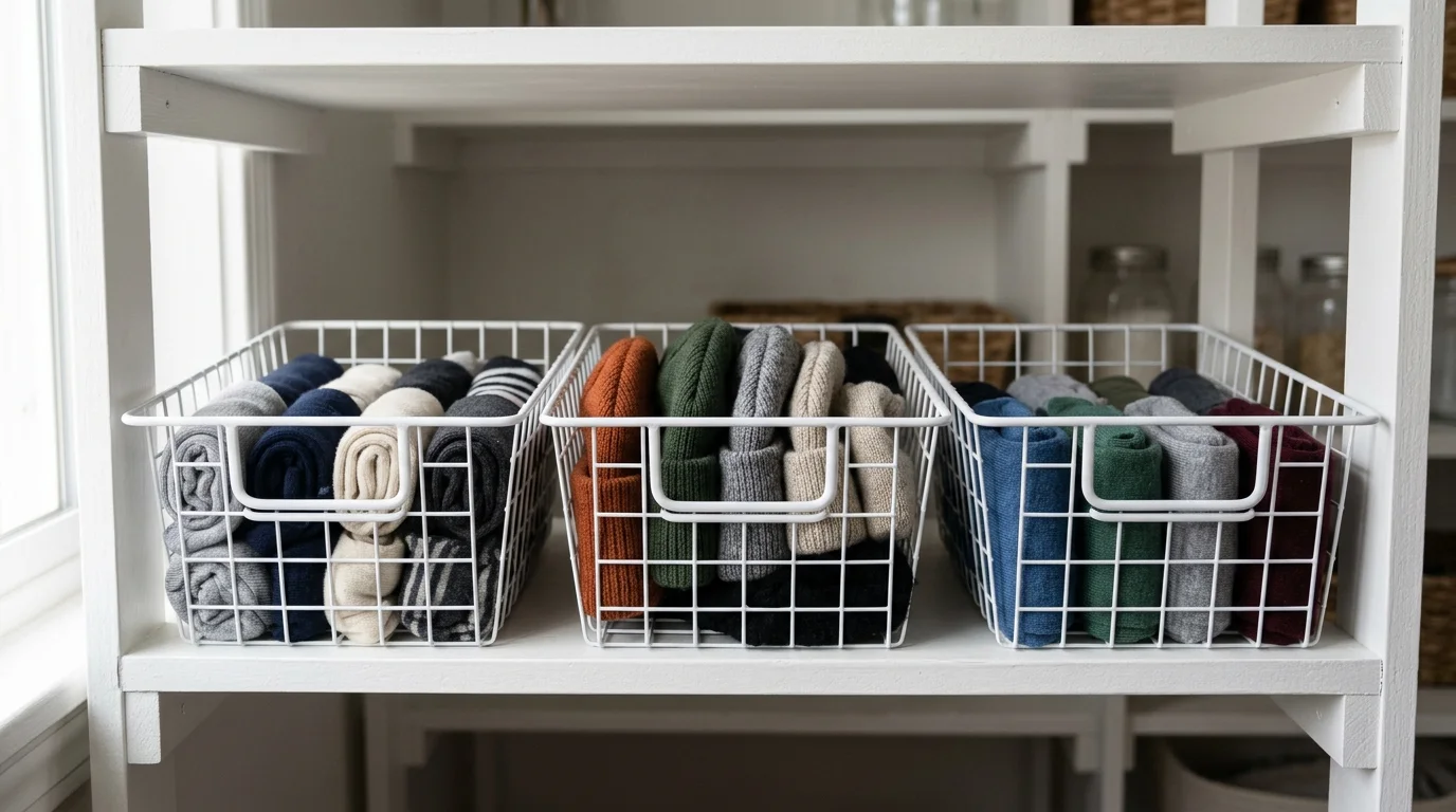 Shallow white wire baskets with front pull handles organizing small items on narrow shelves