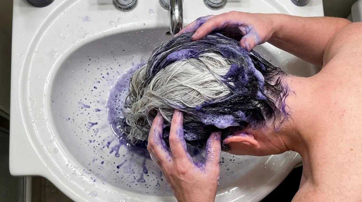Purple shampoo lathered into wet silver hair in a salon wash basin.