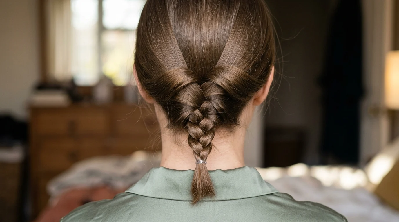 Quick rolled twist braid gathered at the nape of the neck for busy mornings