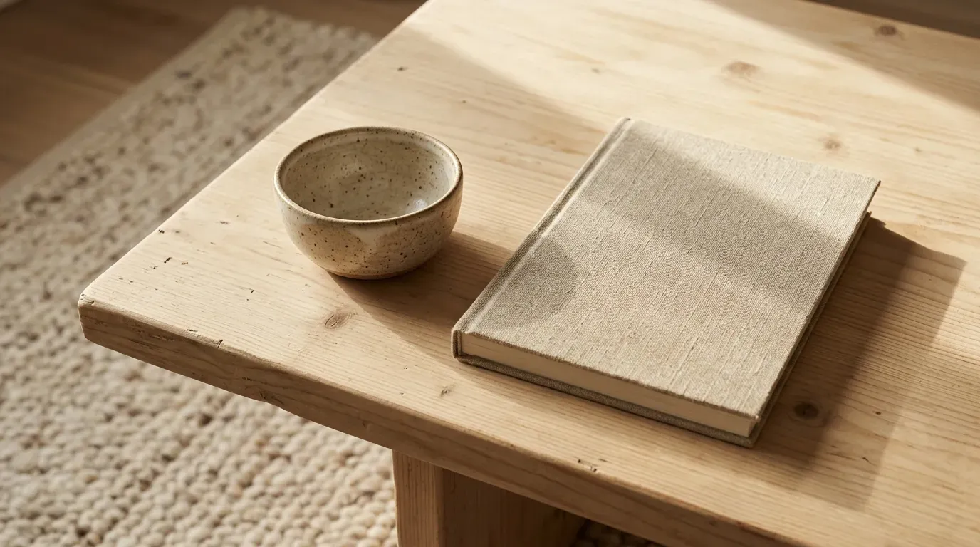 Ceramic bowl and linen covered journal on a pine table in soft morning light representing calm focus.