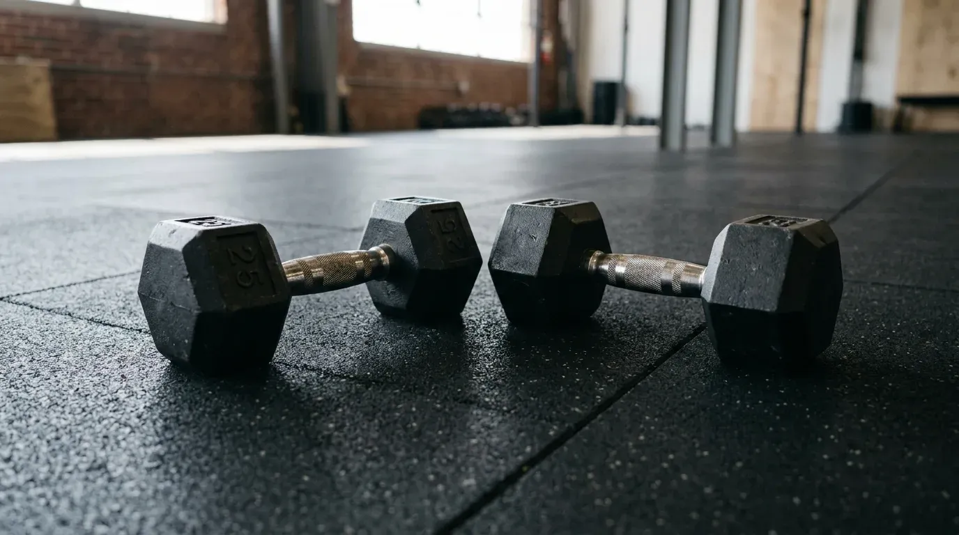 Cast iron hexagonal dumbbells resting on a textured workout mat under soft natural gym light.