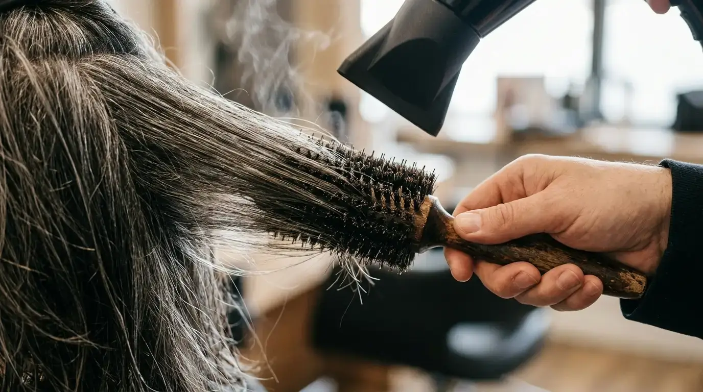 Boar bristle brush smoothing coarse gray hair during a gentle blowout.