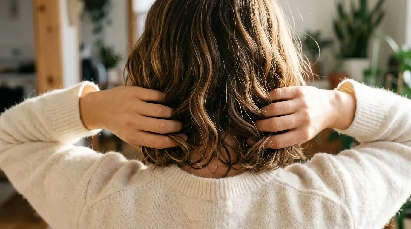 Hands gently cupping and breaking the dry gel cast on wavy shoulder-length hair.