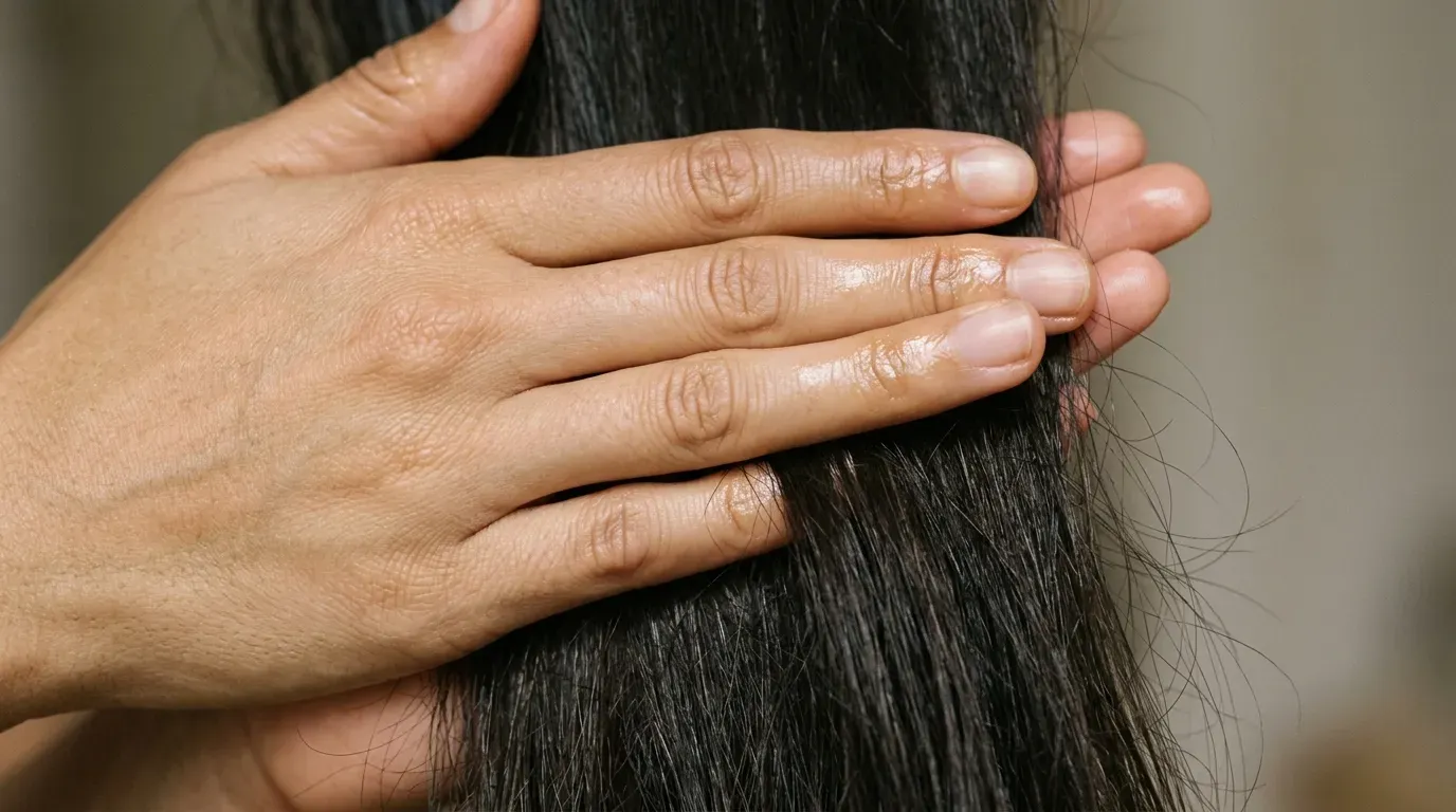 Smoothing lightweight argan oil down the lengths of hair using flat palms.