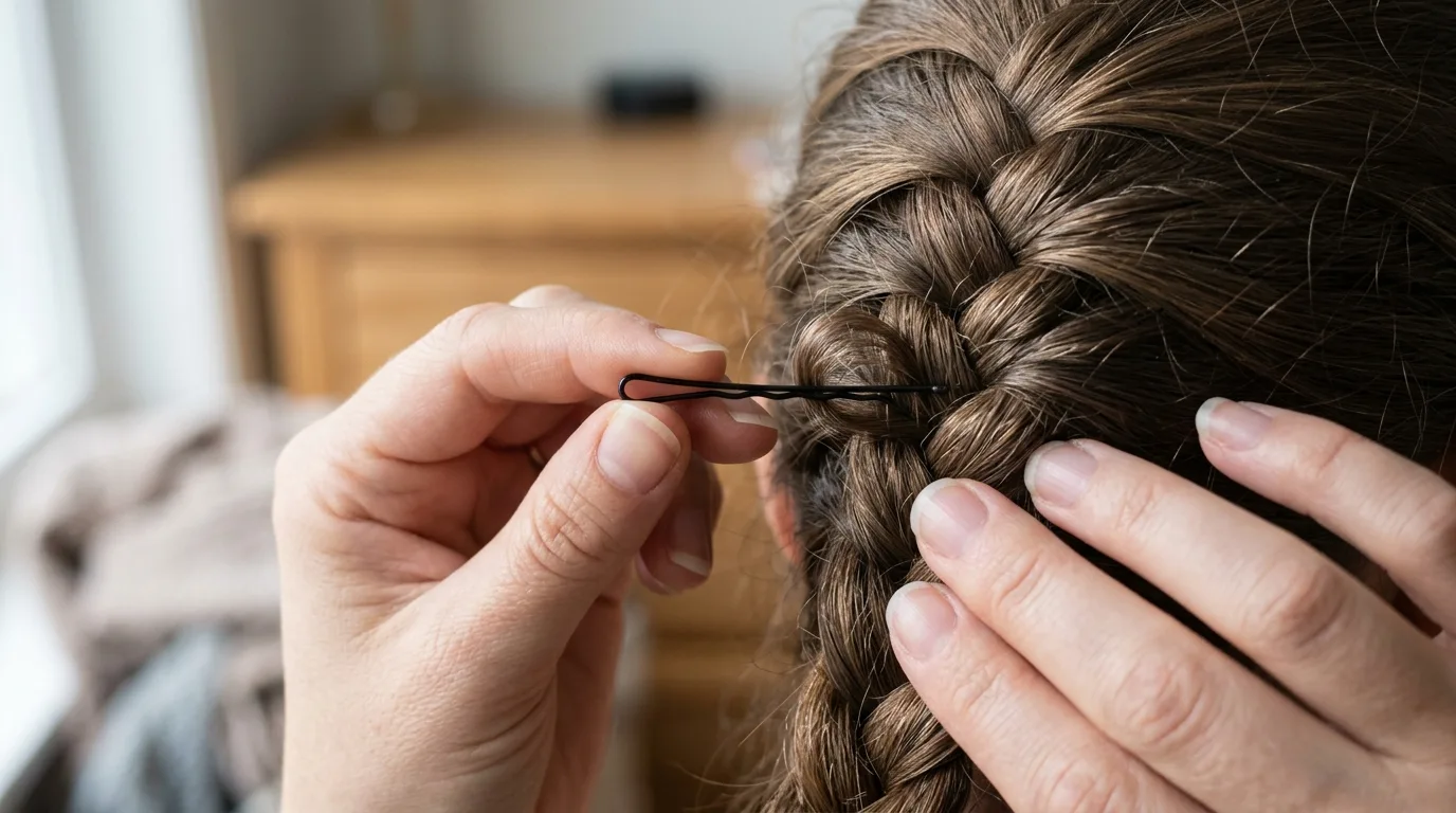 Inserting a steel bobby pin horizontally to rescue a sagging hair weave