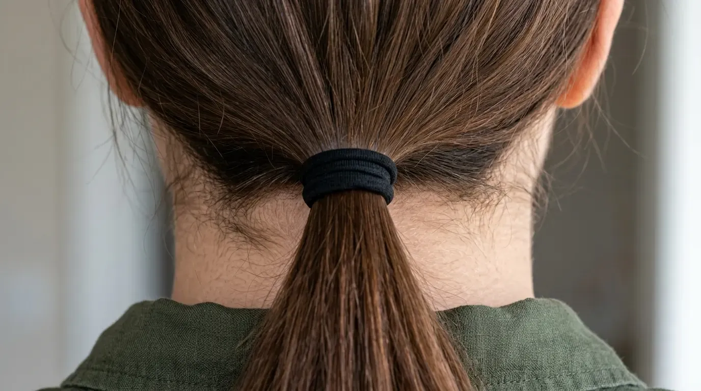 Proper placement of a thick nylon hair elastic positioned two inches above the neck hairline.