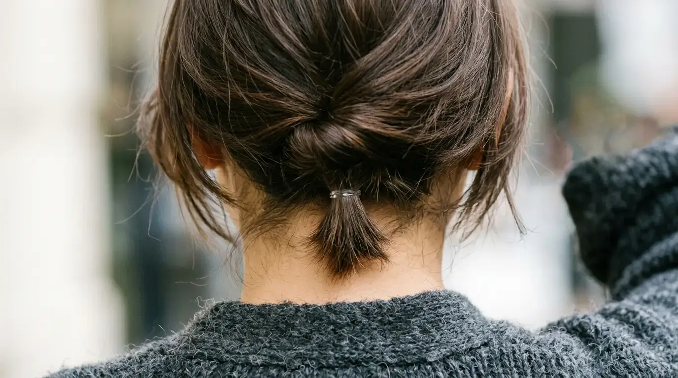 Hidden lower elastic trick used to keep short hair layers from falling out of a low bun.