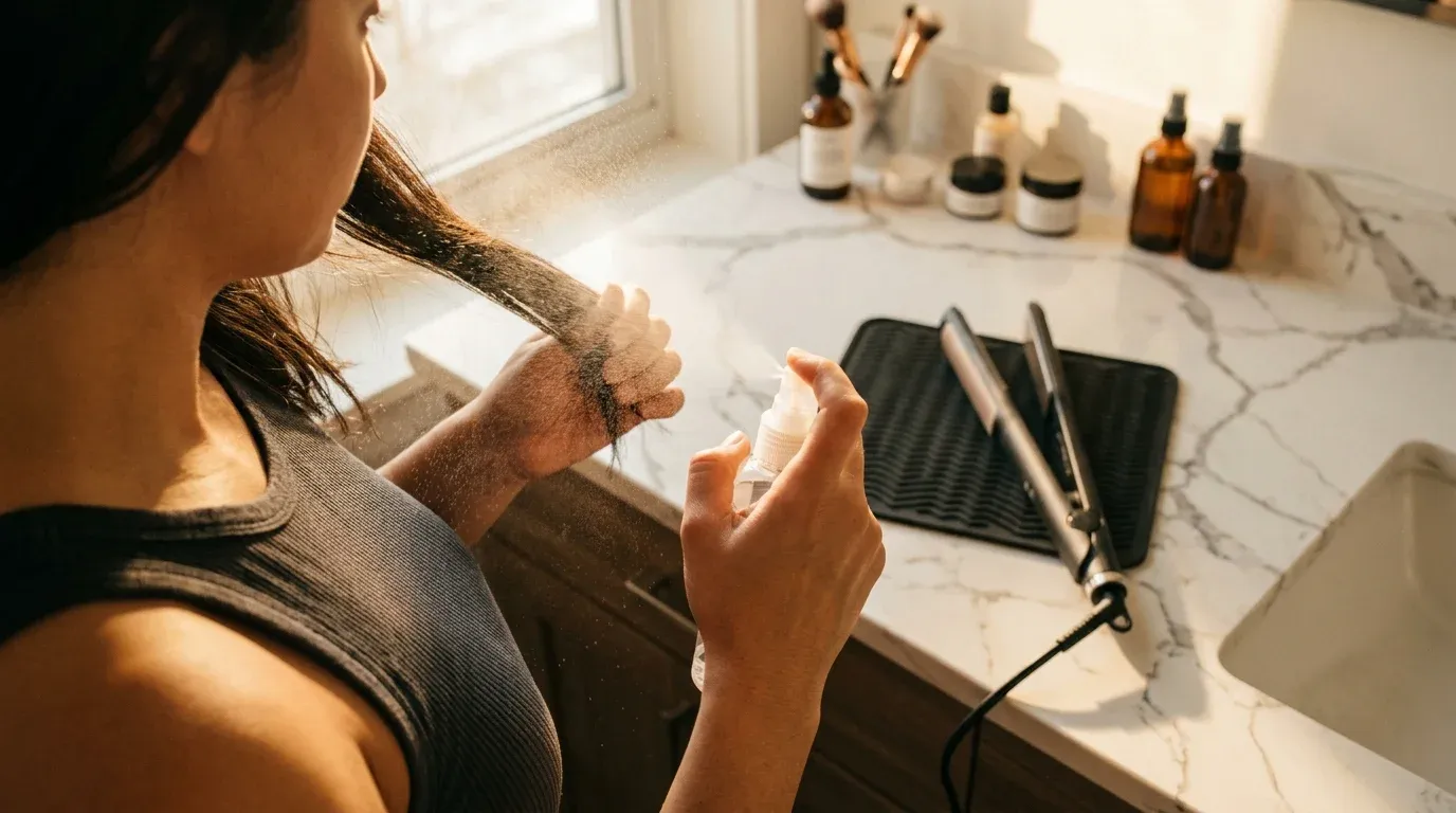 Applying heat setting spray to a hair strand before flat iron styling.