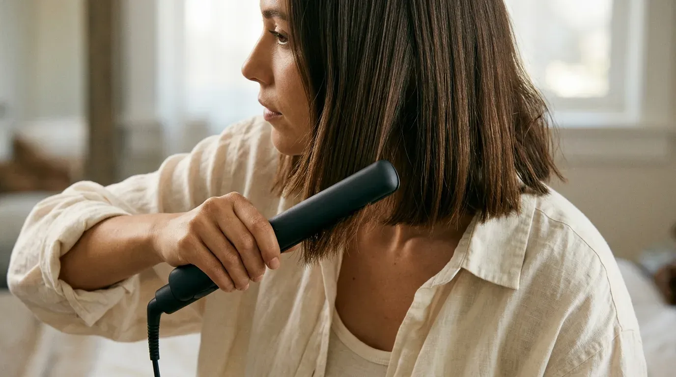 Curling a short bob haircut using a one-inch flat iron.