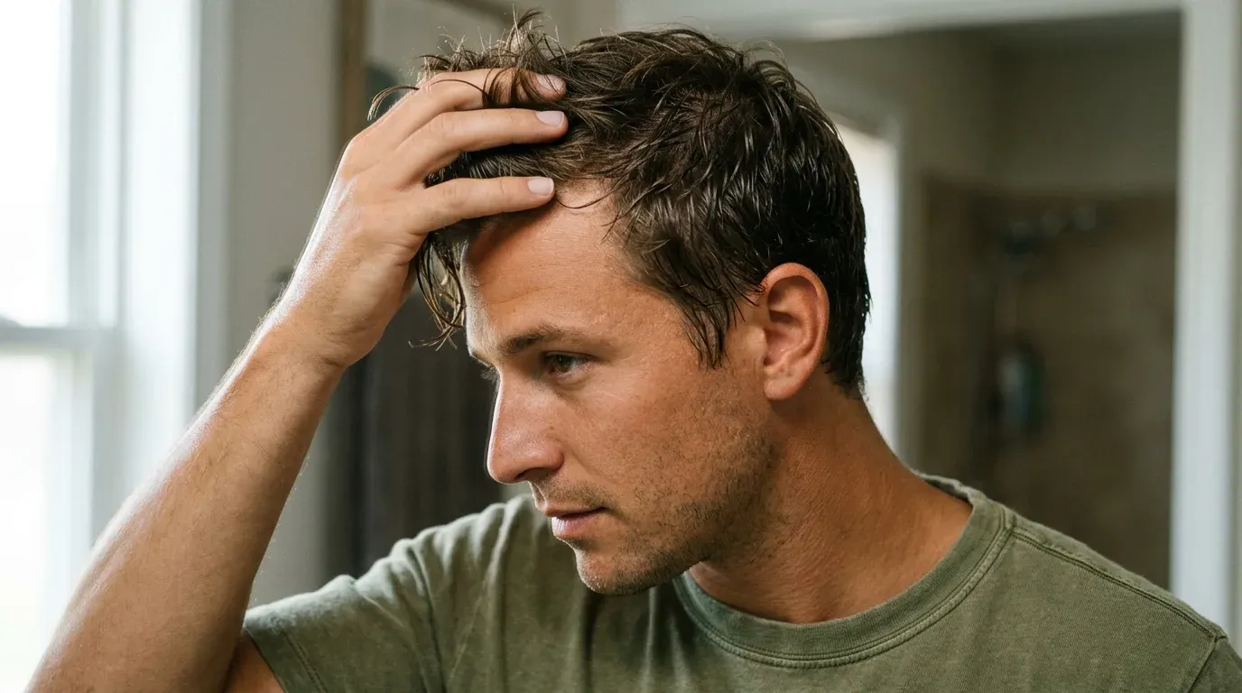 Hand styling short textured damp hair on a man wearing an olive cotton shirt.