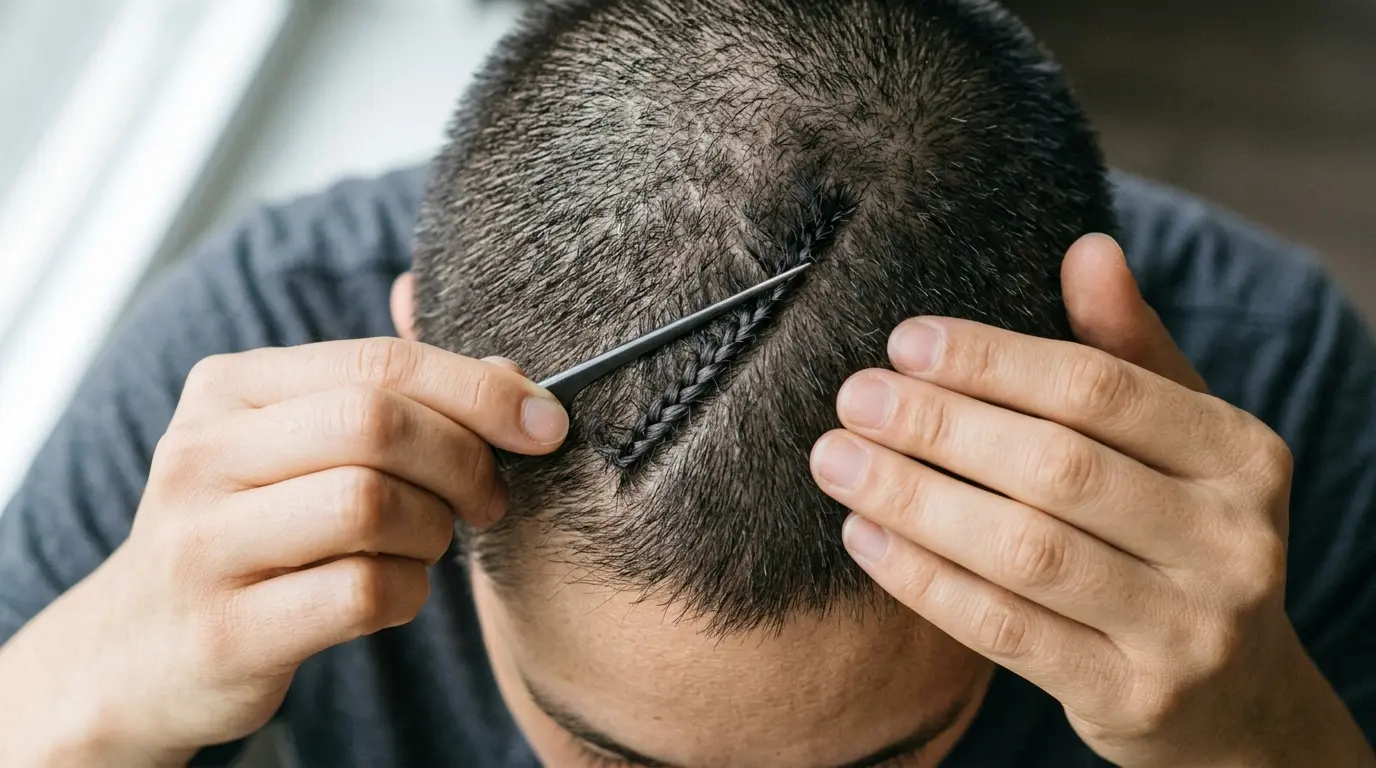 Detailed view of styling short hair into micro braids along the scalp with a steel tail comb