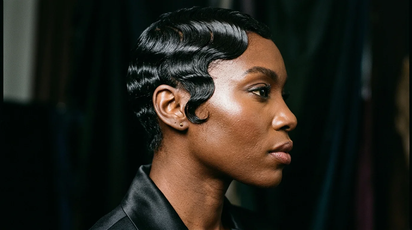 Defined glossy finger waves sculpted along the hairline of a short pixie cut