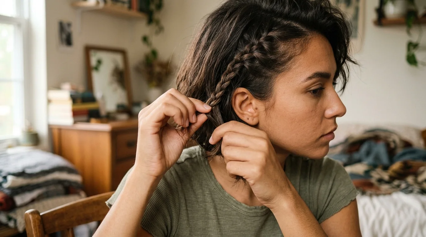 Woman styling a side sweep plait along the temple on short chin-length hair